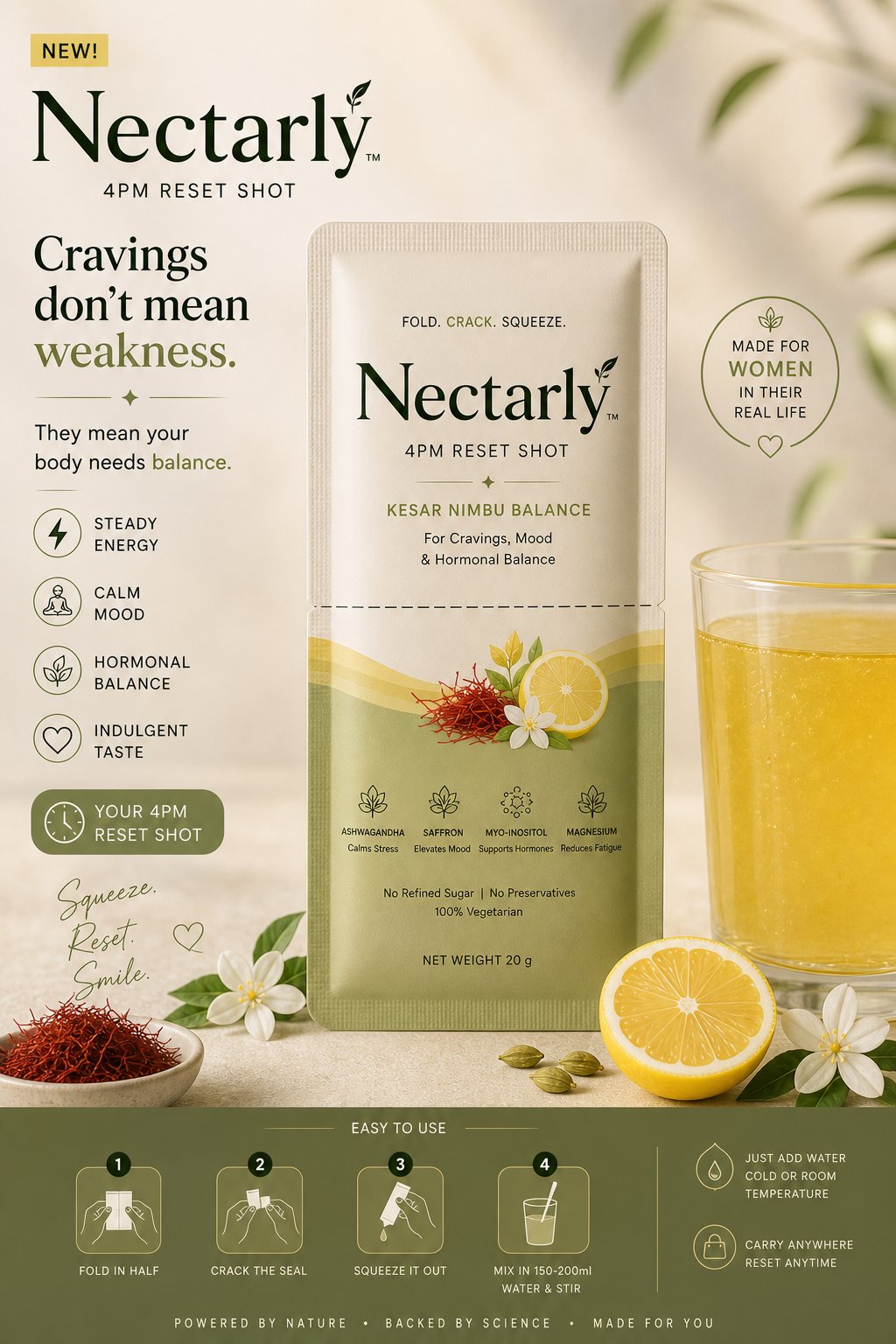 Nectarly 4PM Reset Shot sachet and drink